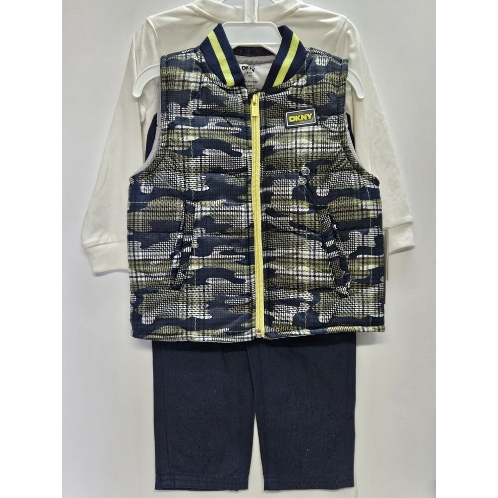 DKNY Size 3 T Set Of 3, Green- Blue Vest/ Blue Pants/ Cream Long Sleeve Print